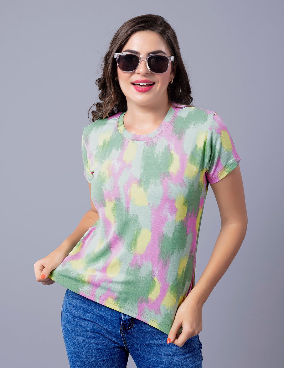 Comfortable Printed Tie & Dye T-shirt For Women In Green - Pink 