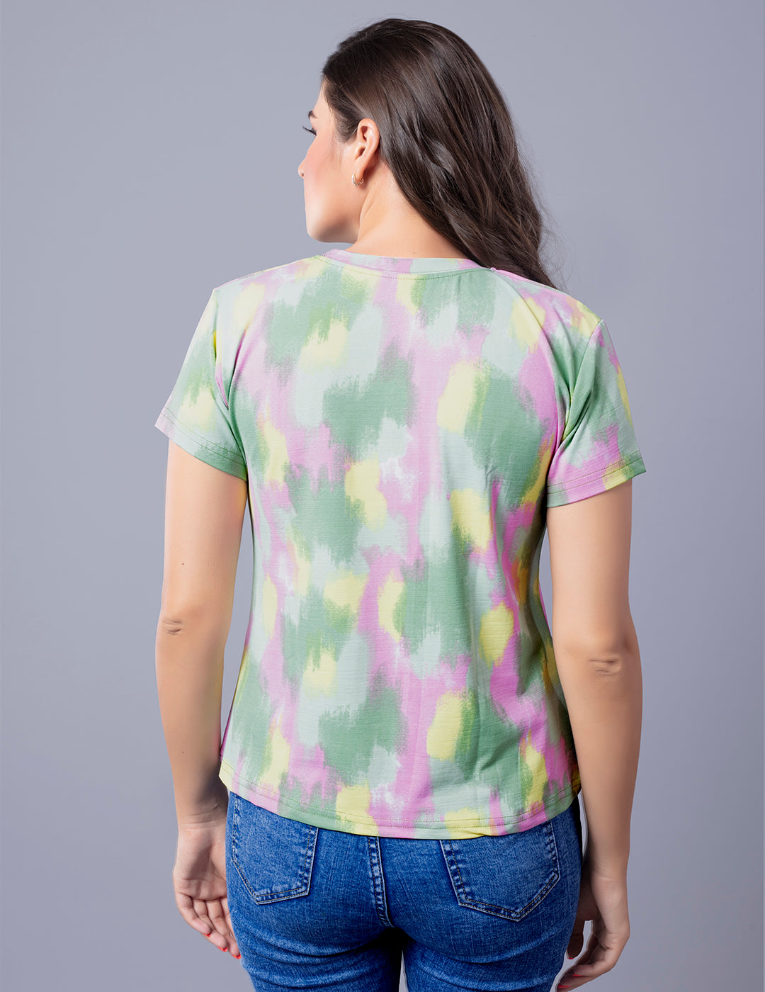 Comfortable Printed Tie & Dye T-shirt For Women In Green - Pink