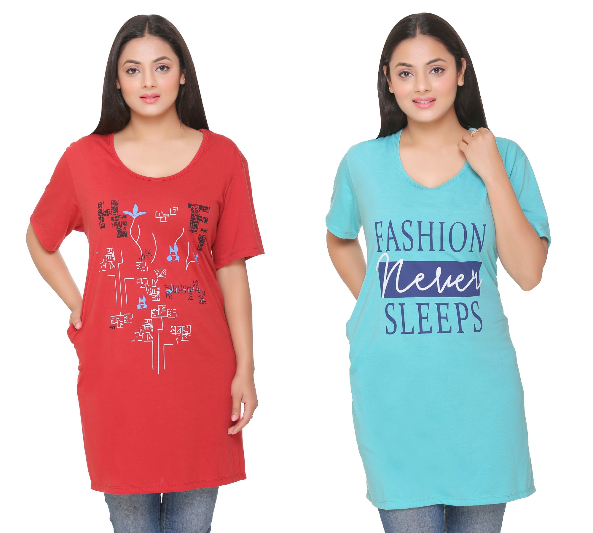 Plus Size Long T-shirts For Women - Half Sleeve - Pack of 2 (Maroon & Turquoise)
