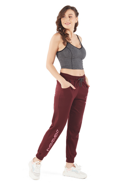 Comfortable Wine Regular Fit Cotton Joggers for women with pockets online in India