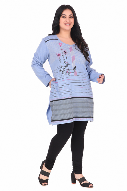 Plus Size Printed Long Tops For Women Full Sleeves T-shirts - Sky Blue