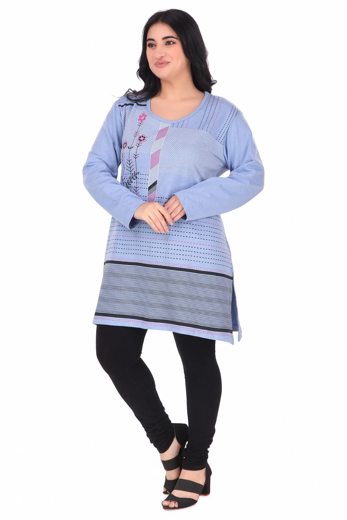 Plus Size Printed Long Tops For Women Full Sleeves T-shirts - Sky Blue