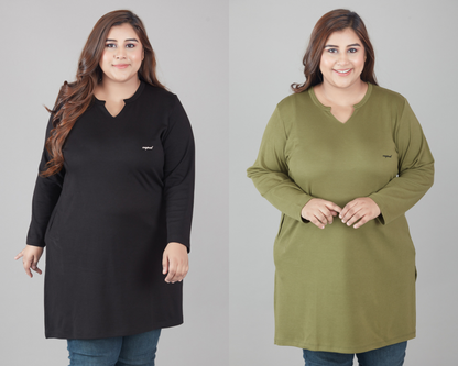 Plus Size Full Sleeves Long Tops For Women - Pack of 2 (Black & Olive Green)