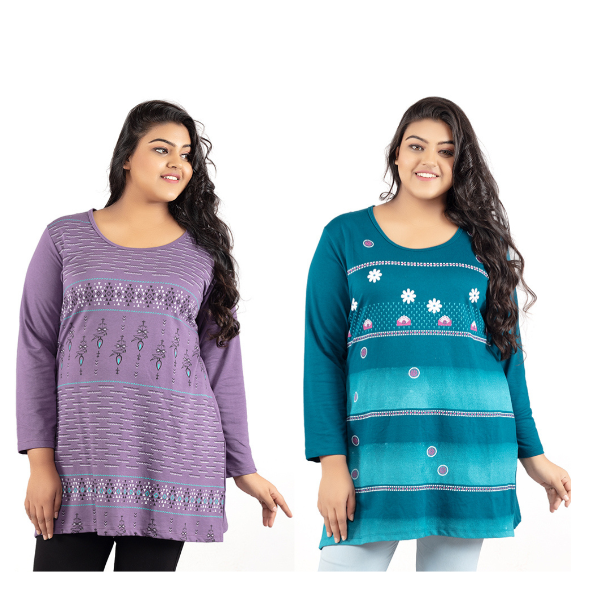 Plus Size Printed Long Tops For Women Full Sleeves - Pack of 2 (Lavender & Blue)