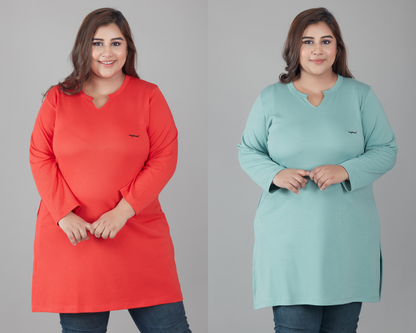 Plus Size Full Sleeves Long Tops For Women - Pack of 2 (Red & Sage) At Online