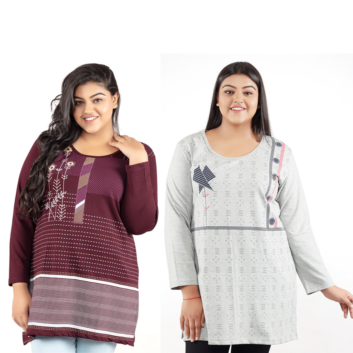 Plus Size Printed Long Tops For Women Full Sleeves - Pack of 2 (Wine & Grey) At Onlion 