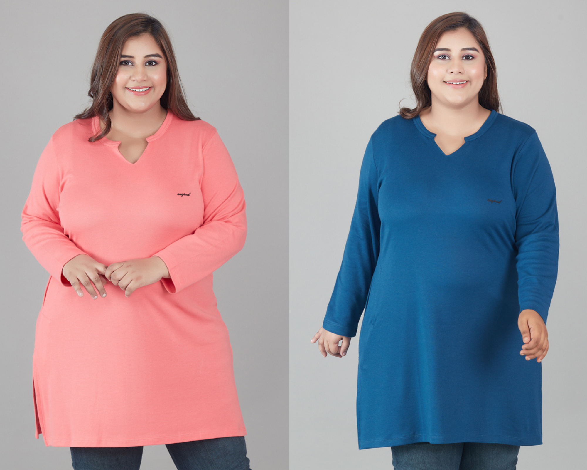 Plus Size Full Sleeves Long Tops For Women - Pink & Blue