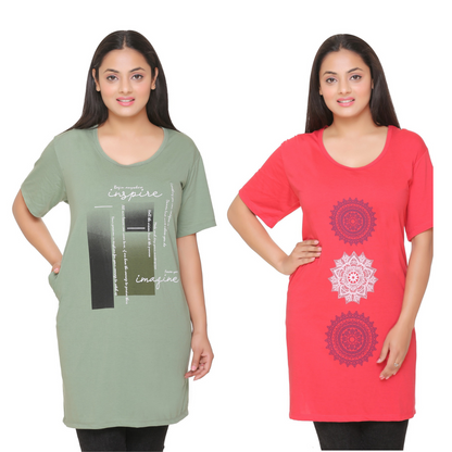 Plus Size Long T-shirts For Women - Half Sleeve - Pack of 2 (Green & Pink)