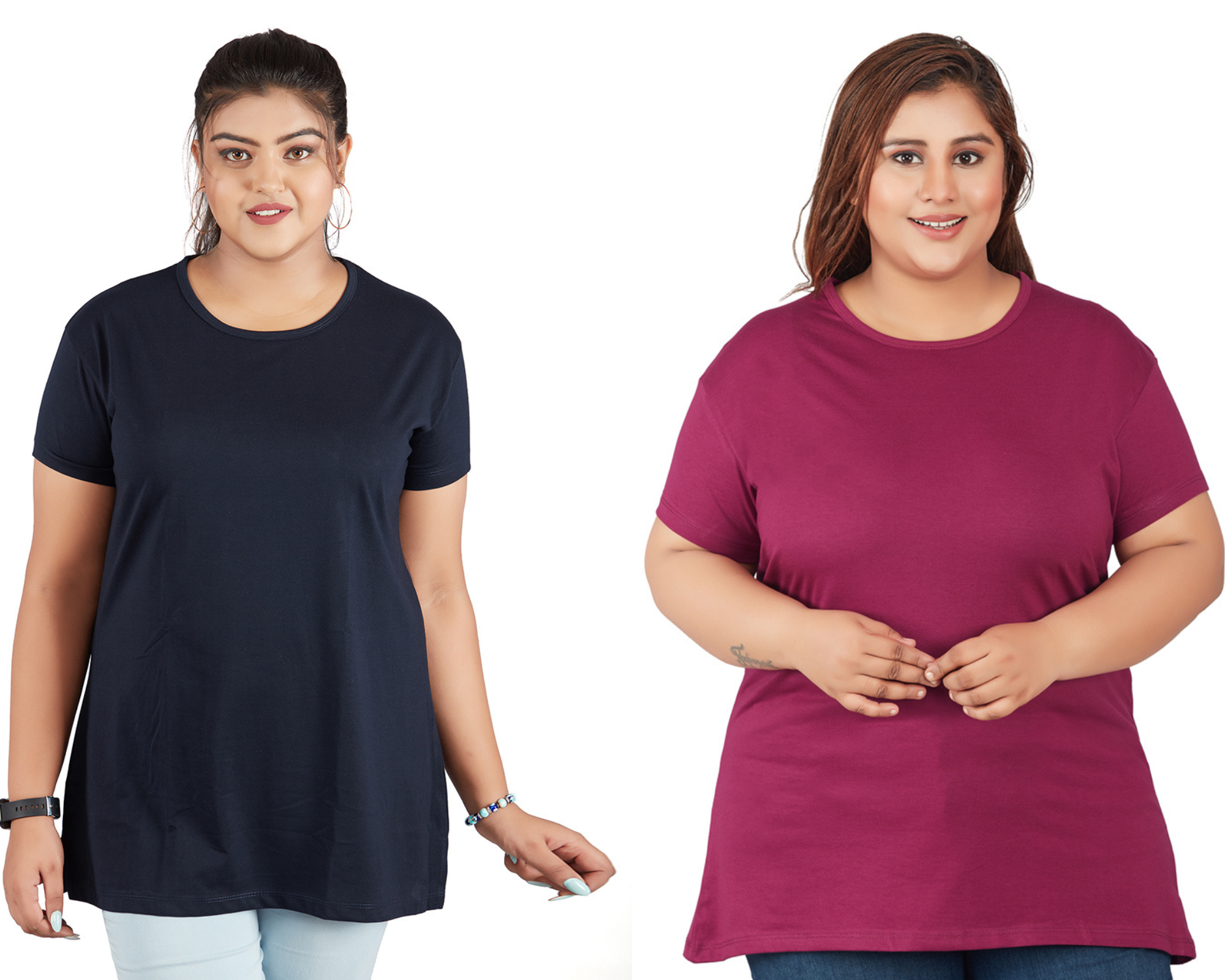 Plus Size Plain Cotton T-Shirts For Women Pack of 2 (Navy Blue & Purple)