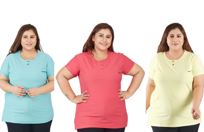 Plain Cotton T-shirts For Summer Pack of 3 (Lemon, Sage & Pink) At Online 