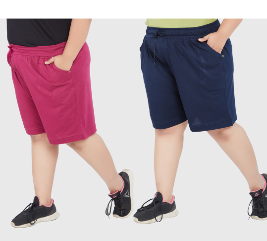 Cotton Shorts For Women - Plain Bermuda Combo (Purple & Navy Blue)