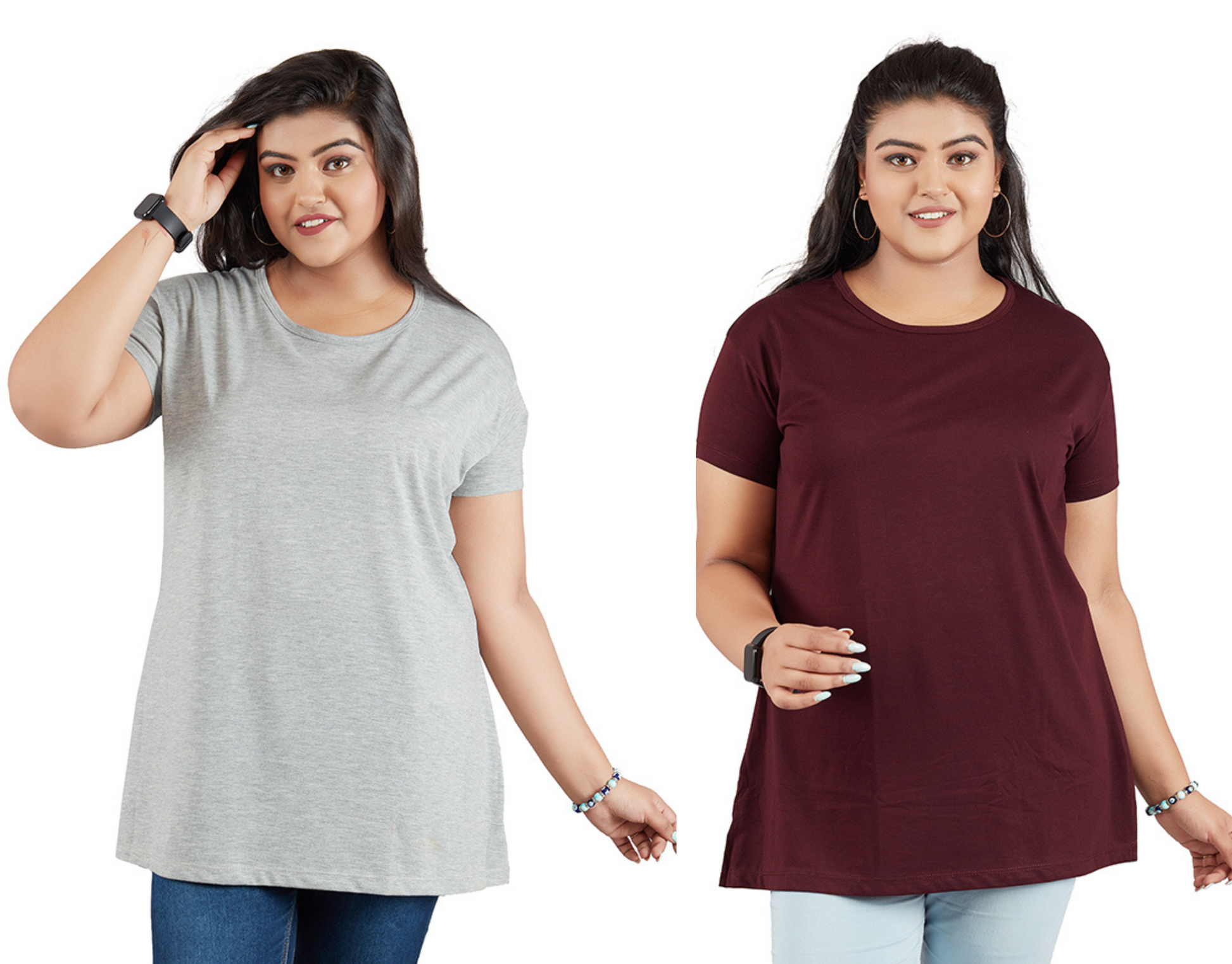Plus Size Plain Cotton T-Shirts For Women Pack of 2 (Grey & Wine)