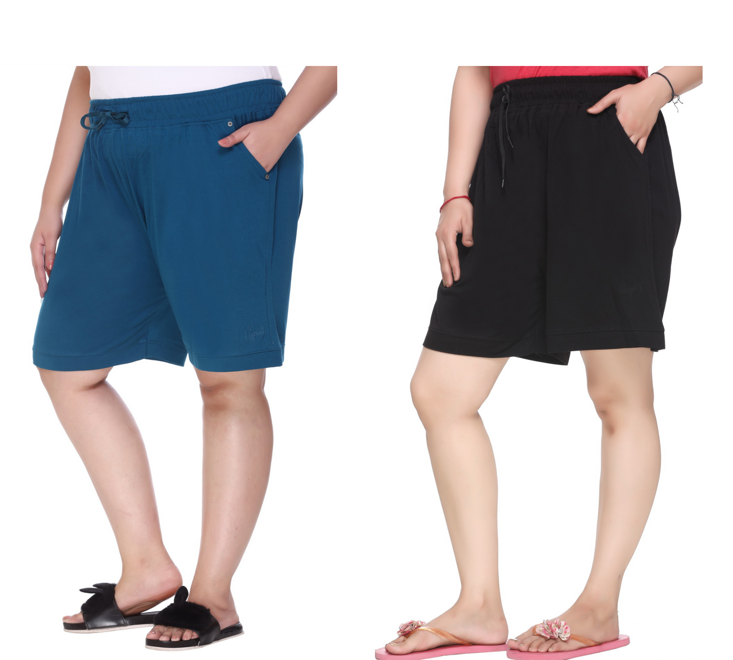 Cotton Shorts For Women - Plain Bermuda Combo (Black & Teal Blue)