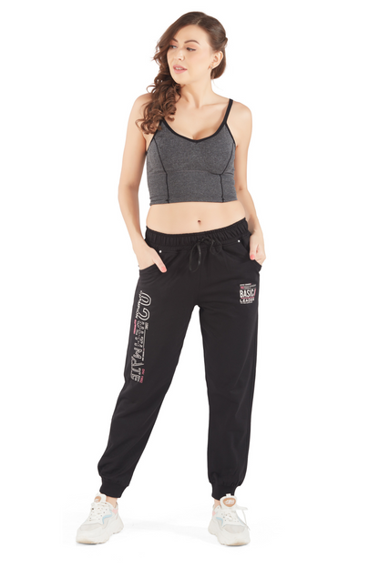 Comfortable Black Regular Fit Cotton Joggers for women with pockets online in India