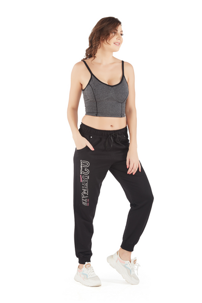 Comfortable Black Regular Fit Cotton Joggers for women with pockets online in India
