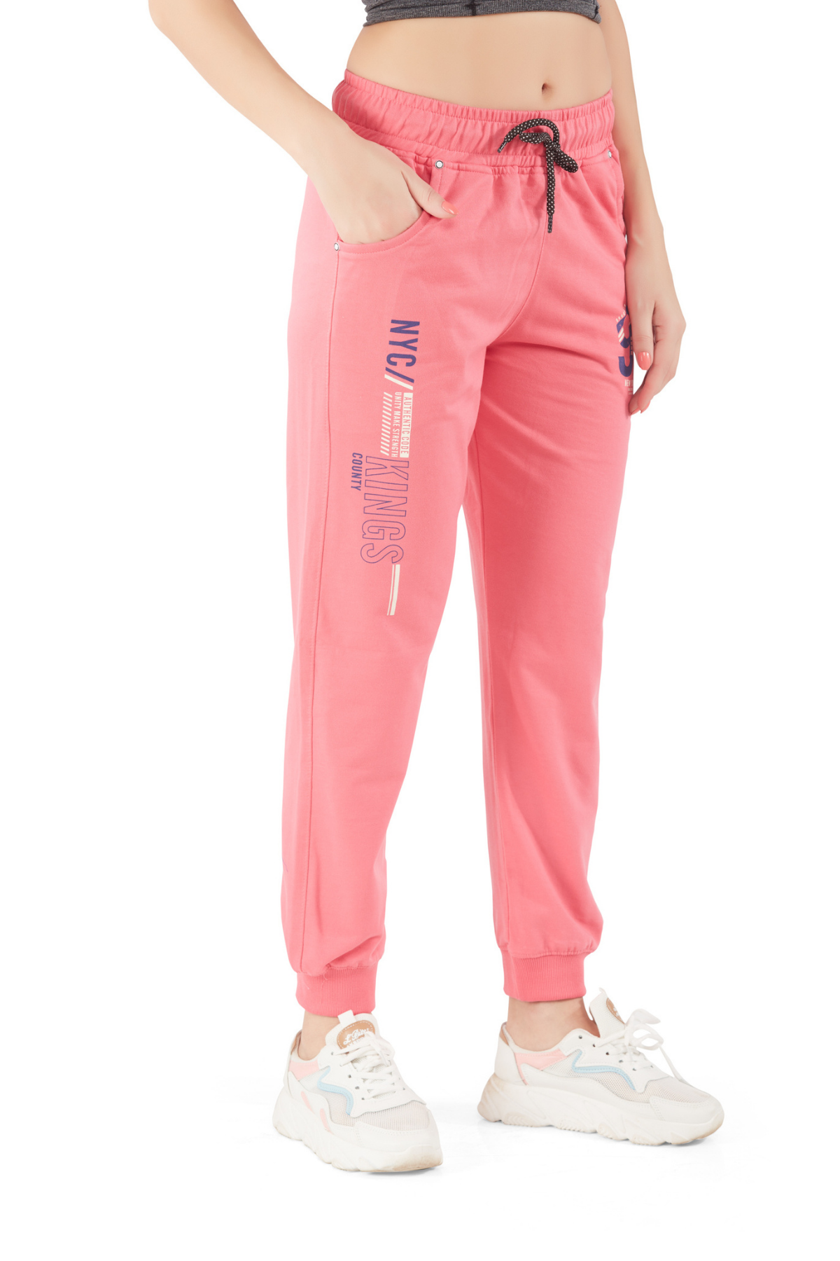 Comfortable Pink Regular Fit Cotton Joggers for women with pockets online in India