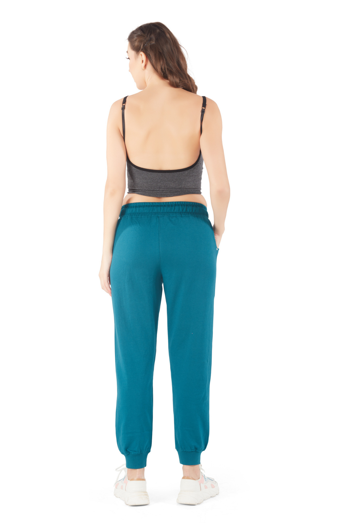 Comfortable Teal Blue Regular Fit Cotton Joggers for women with pockets online in India