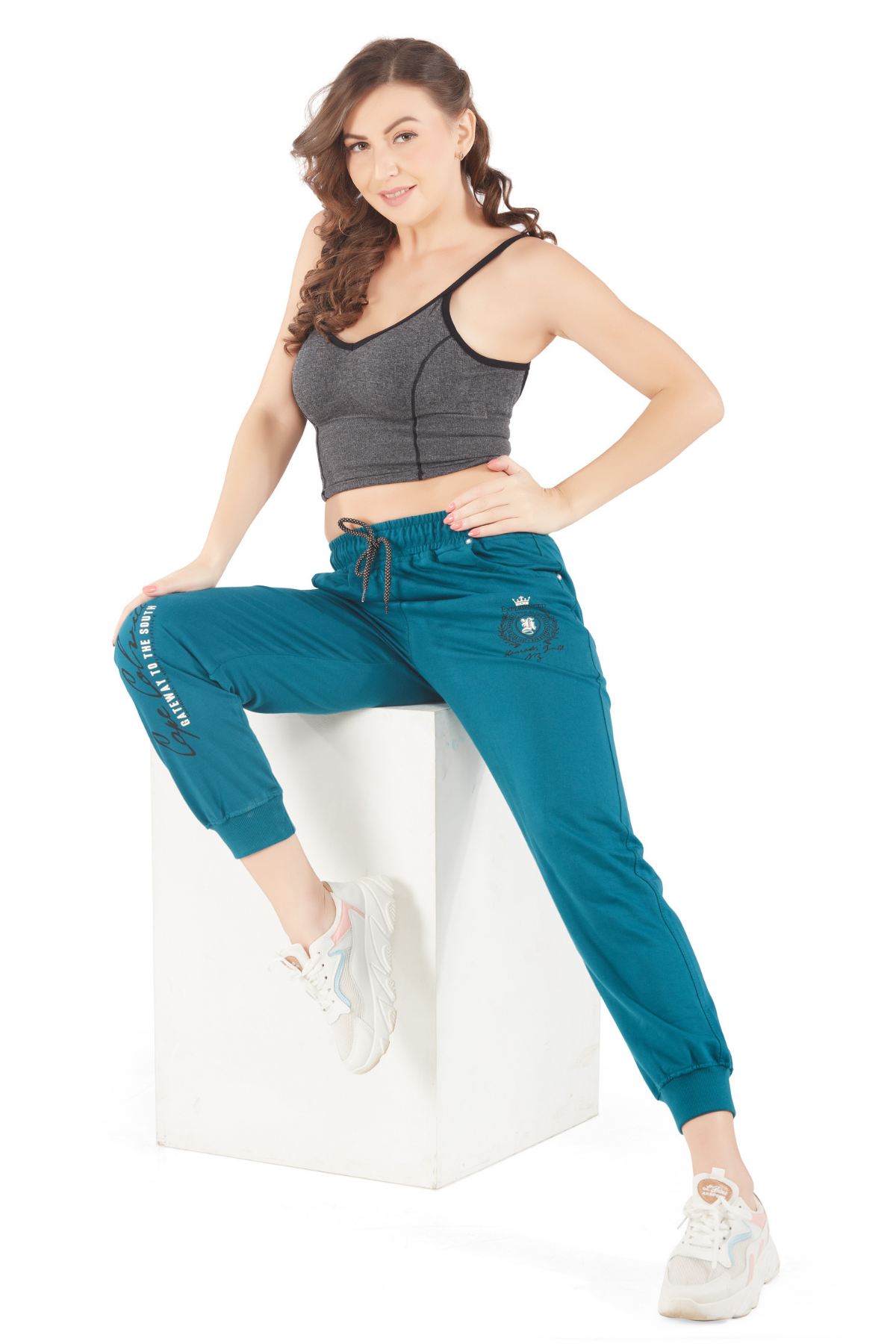 Cotton Regular Fit Joggers With Pockets - Teal