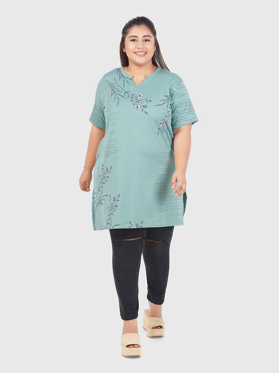 Comfortable Sage Half Sleeves Printed Long Tops For Women In Plus Size