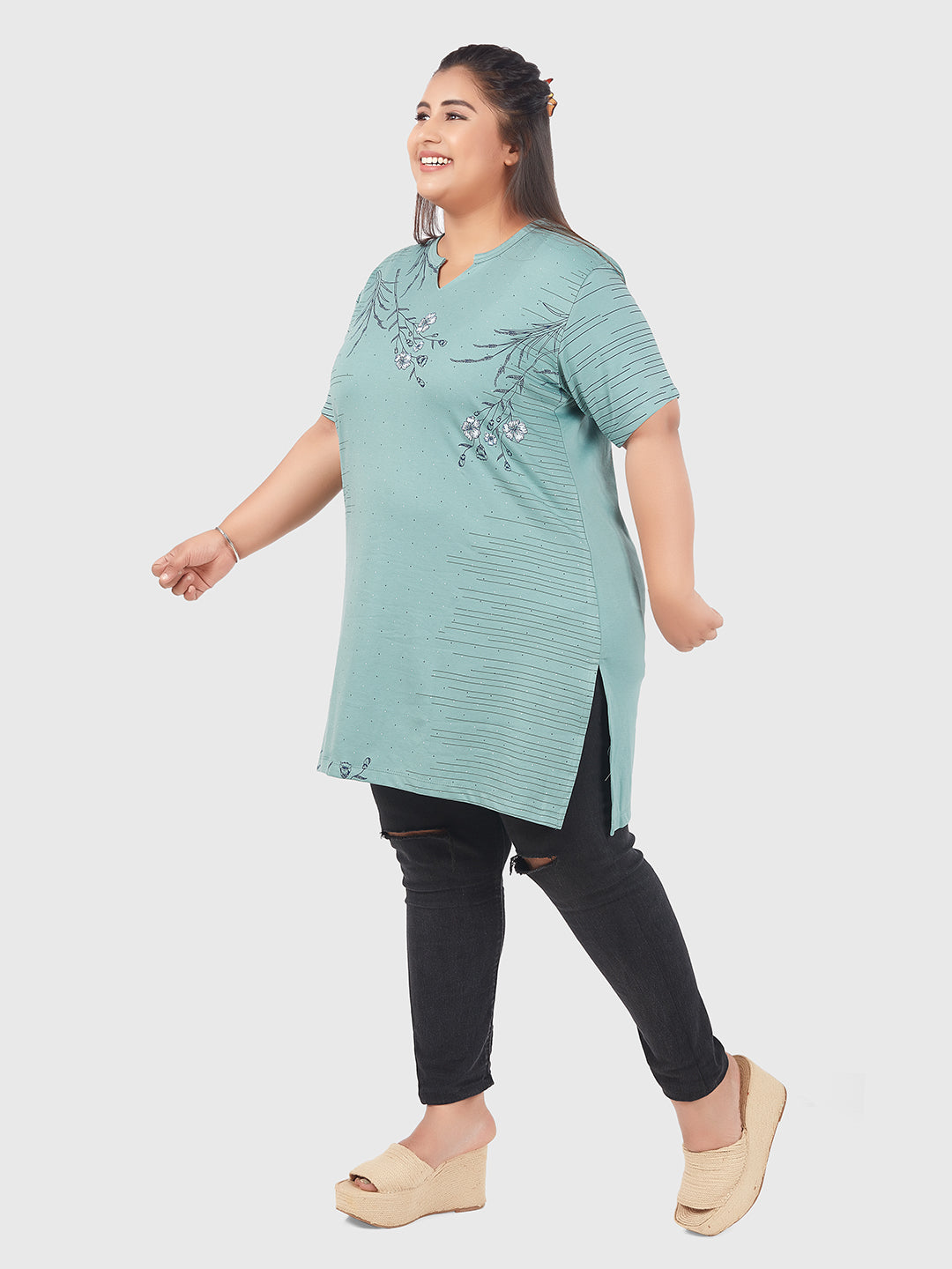 Comfortable Sage Half Sleeves Printed Long Tops For Women In Plus Size