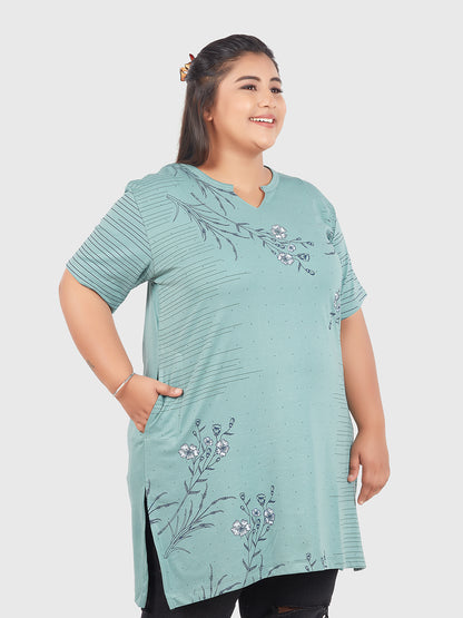 Comfortable Sage Half Sleeves Printed Long Tops For Women In Plus Size 