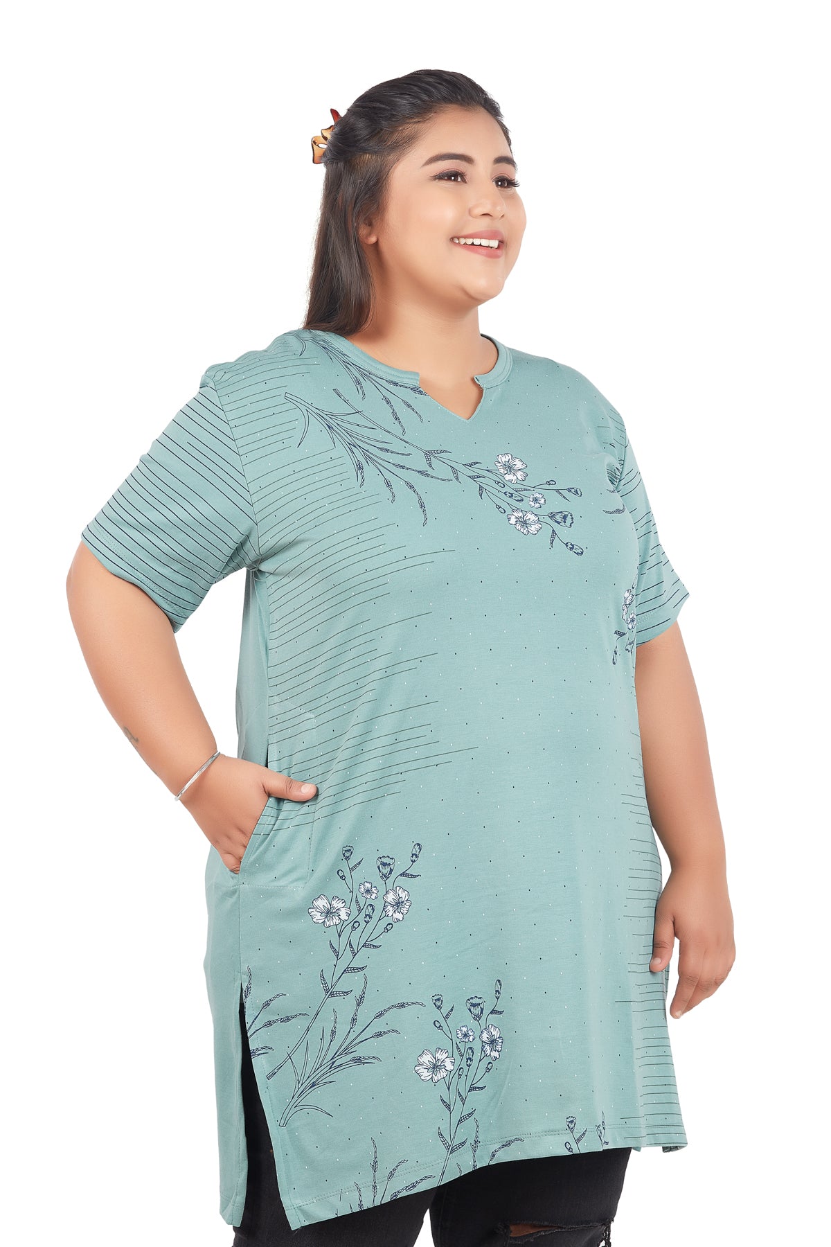 Comfortable Plus Size Print Long Top For Women In Half Sleeves - Multicolor