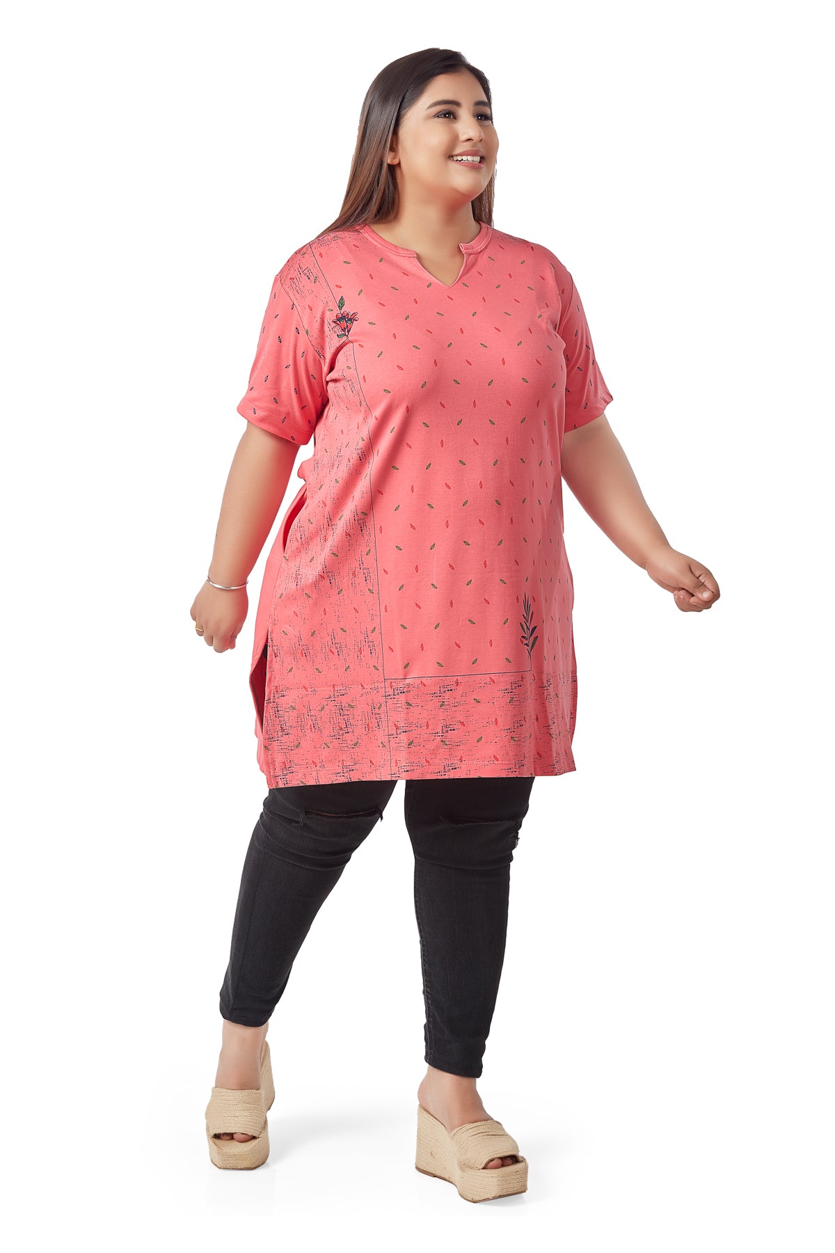 Comfy Pink Cotton Plus Size Printed Half Sleeve Long Tops For Women Online In India