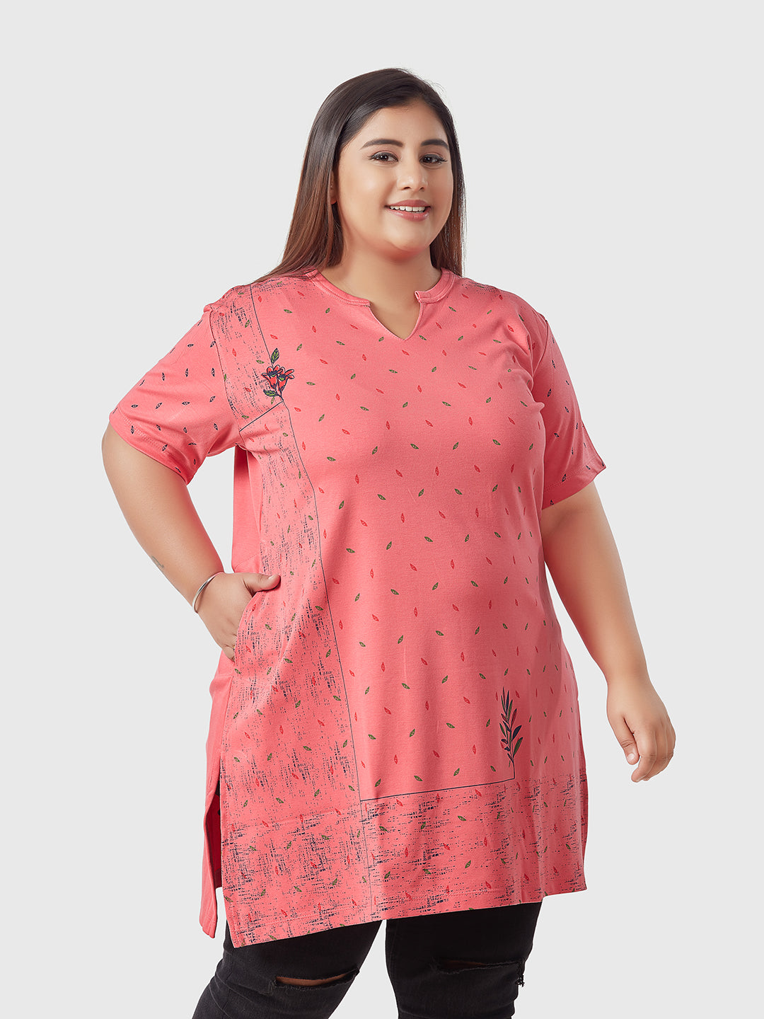 Plus Size Printed Long Tops For Women Cotton Half Sleeves - Pink