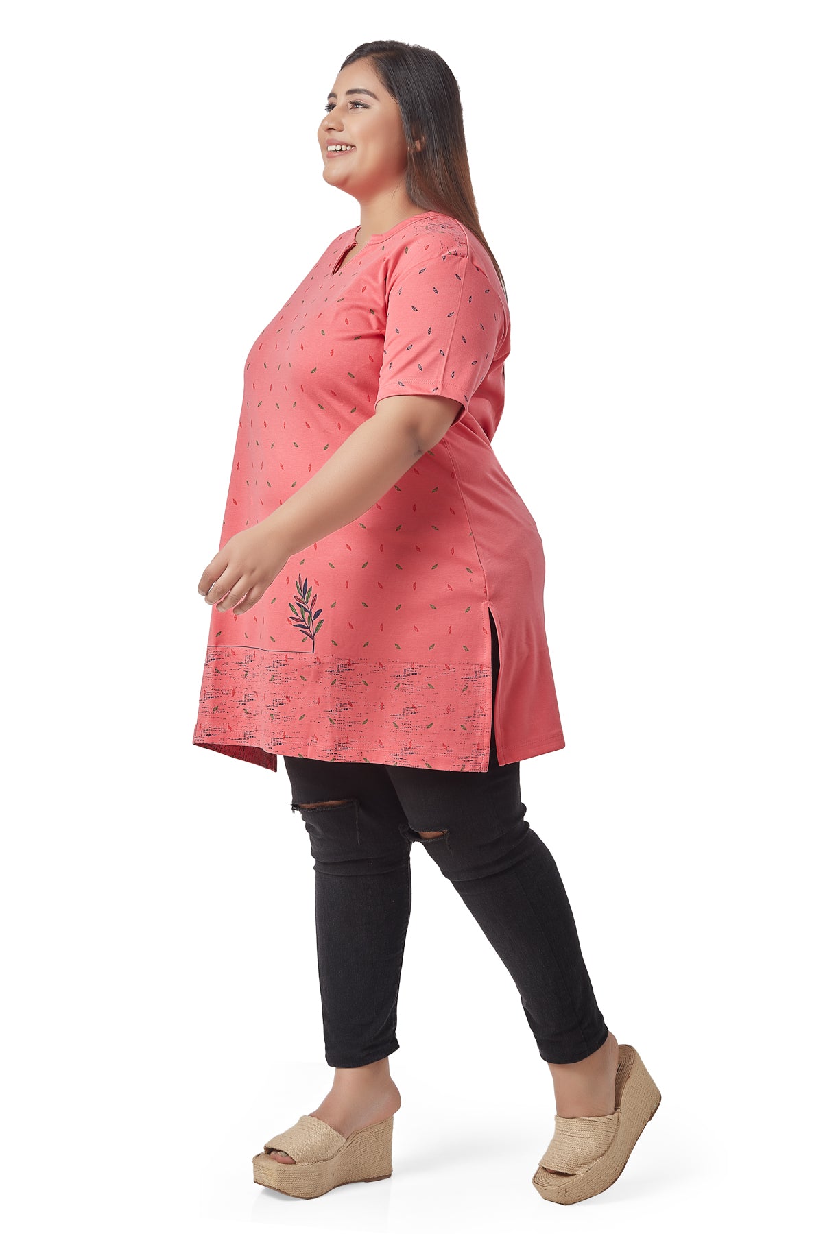 Comfy Pink Cotton Plus Size Printed Half Sleeve Long Tops For Women Online In India