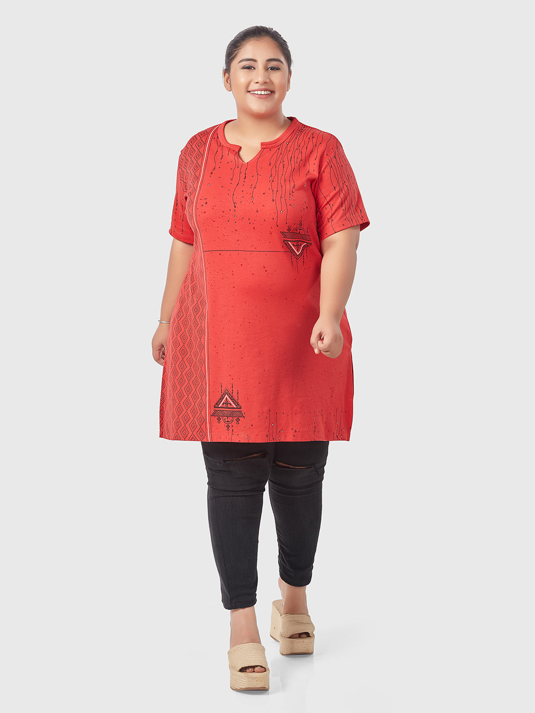Comfortable Half Sleeves Printed Long Tops For Women In Plus Size -Red