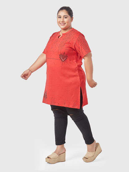 Comfortable Half Sleeves Printed Long Tops For Women In Plus Size -Red