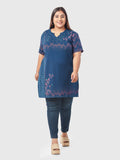 Plus Size Printed Long Tops For Women Half Sleeves - Navy Blue