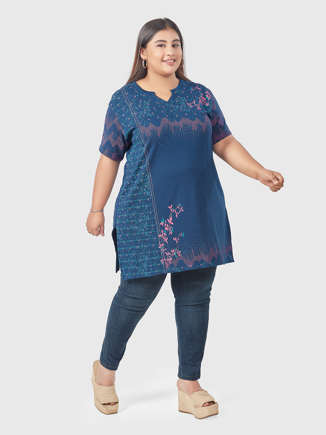 Stylish Plus Size Printed Long Tops For Women In Half Sleeves- Blue At Online