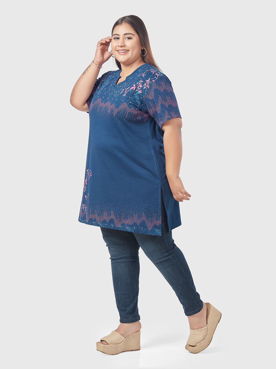 Stylish Plus Size Printed Long Tops For Women In Half Sleeves- Blue At Online