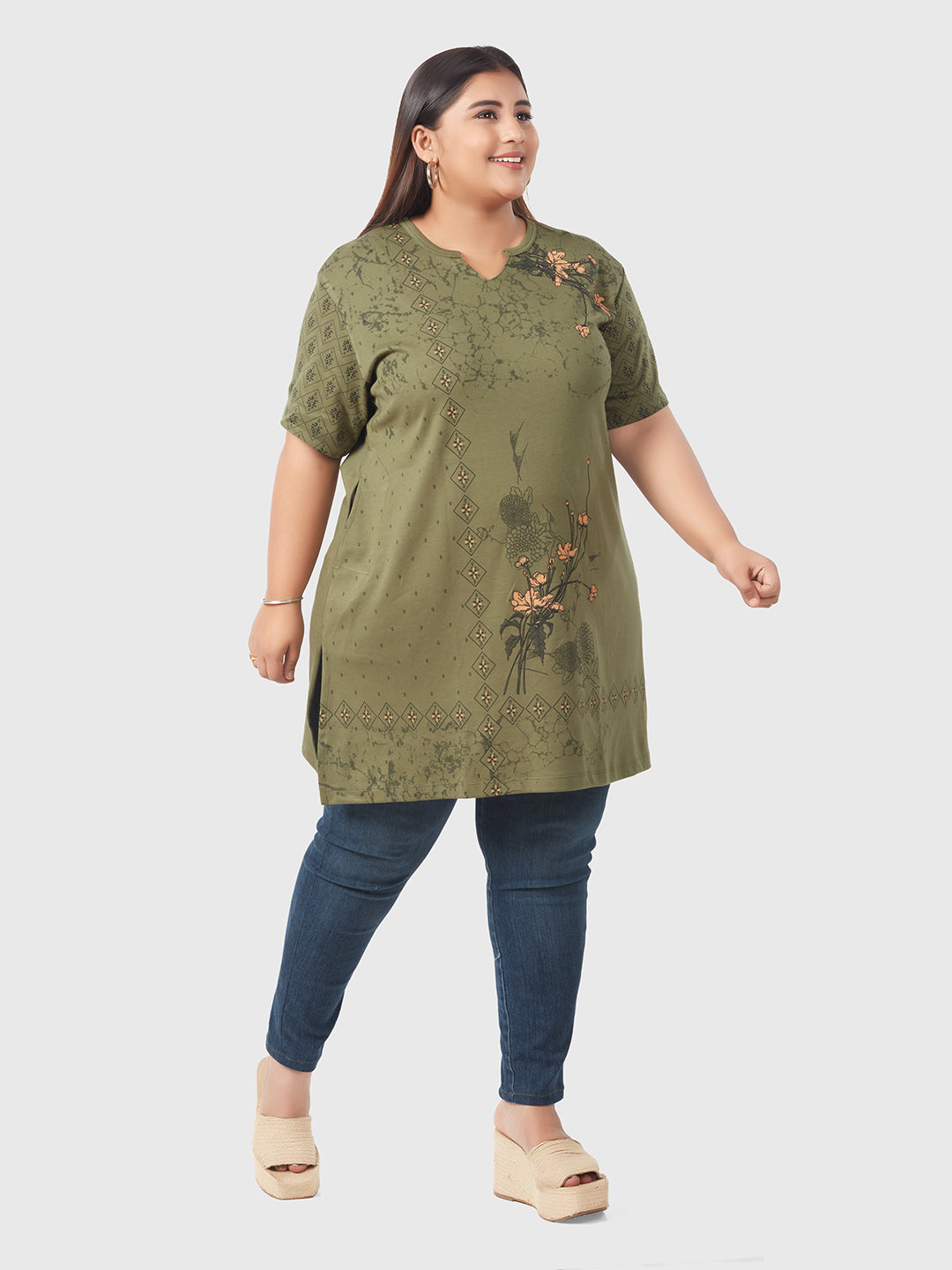 Plus Size Printed Long Tops For Women Half Sleeves - Olive Green