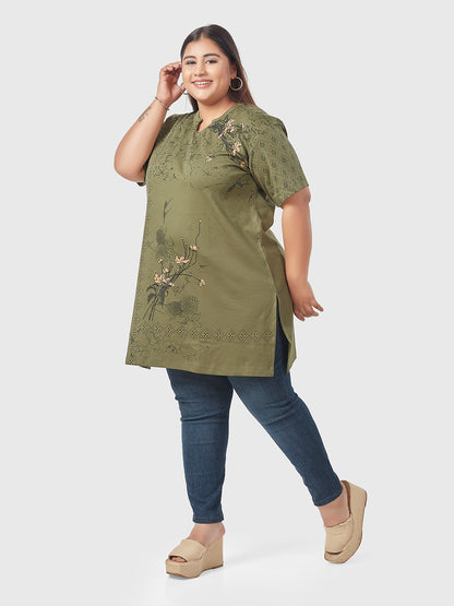Stylish Printed Long Tops For Women in Half Sleeves - Plus Size -Olive Green AT Online