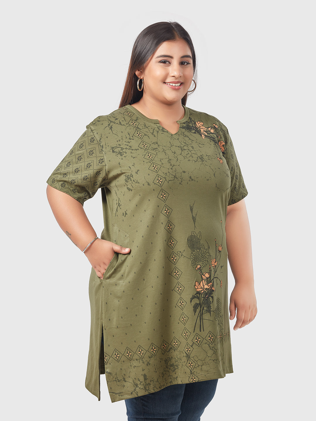 Stylish Printed Long Tops For Women in Half Sleeves - Plus Size -Olive Green AT Online 