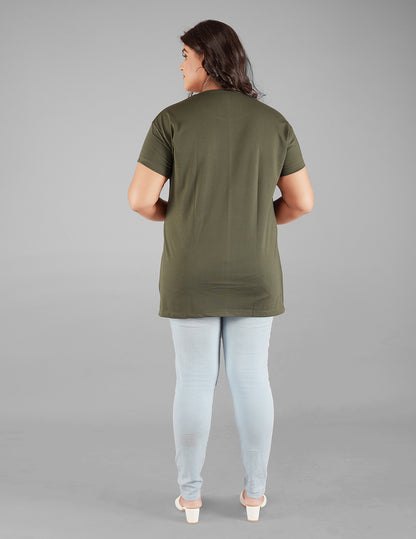 Plus Size Plain Cotton T-shirt For Women - Olive Green At Best Prices