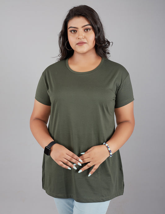 Stylish Olive Green Plain Cotton Plus Size T-shirt For Women At Best Prices