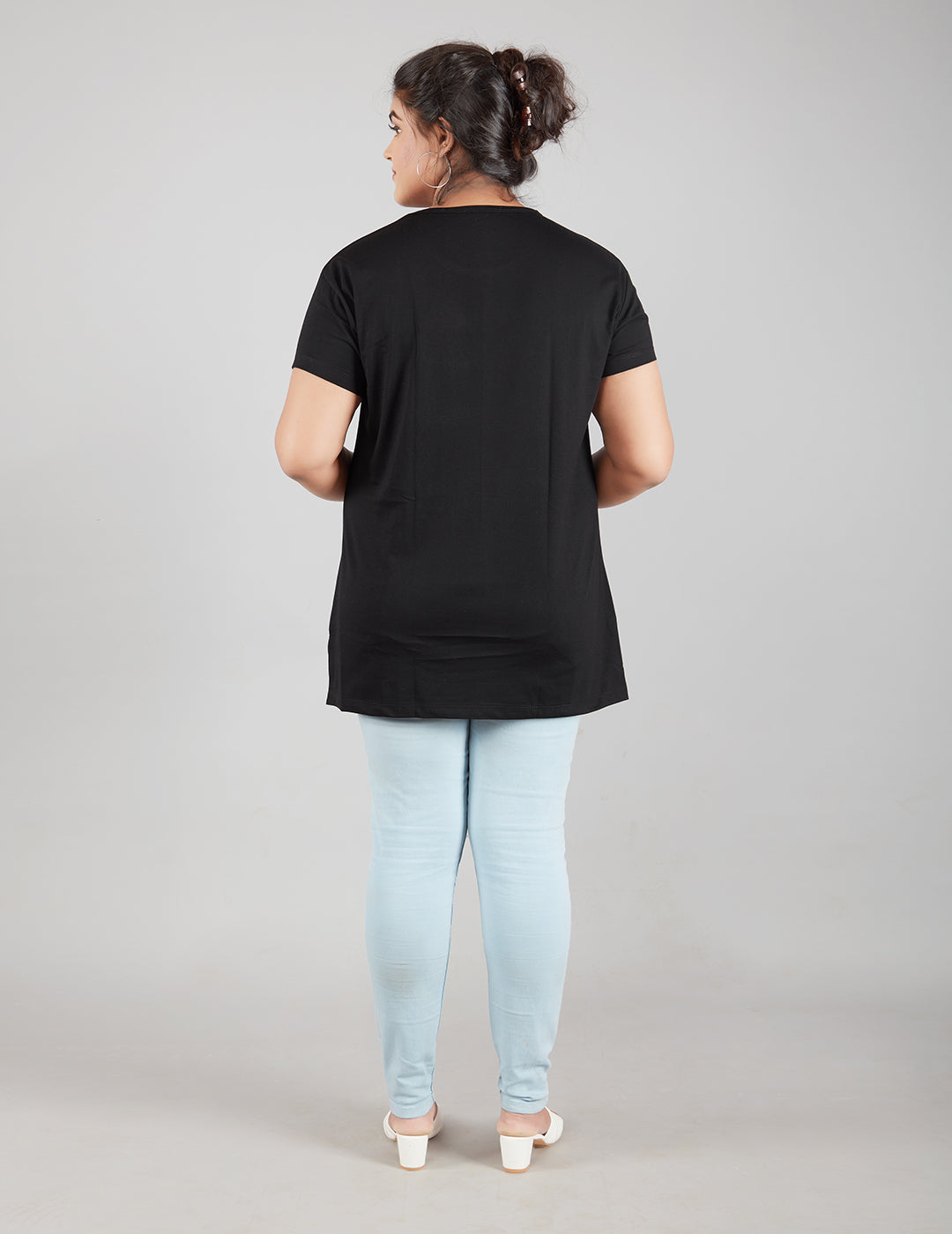 Plus Size Plain Cotton T-Shirt For Women - Black At Online
