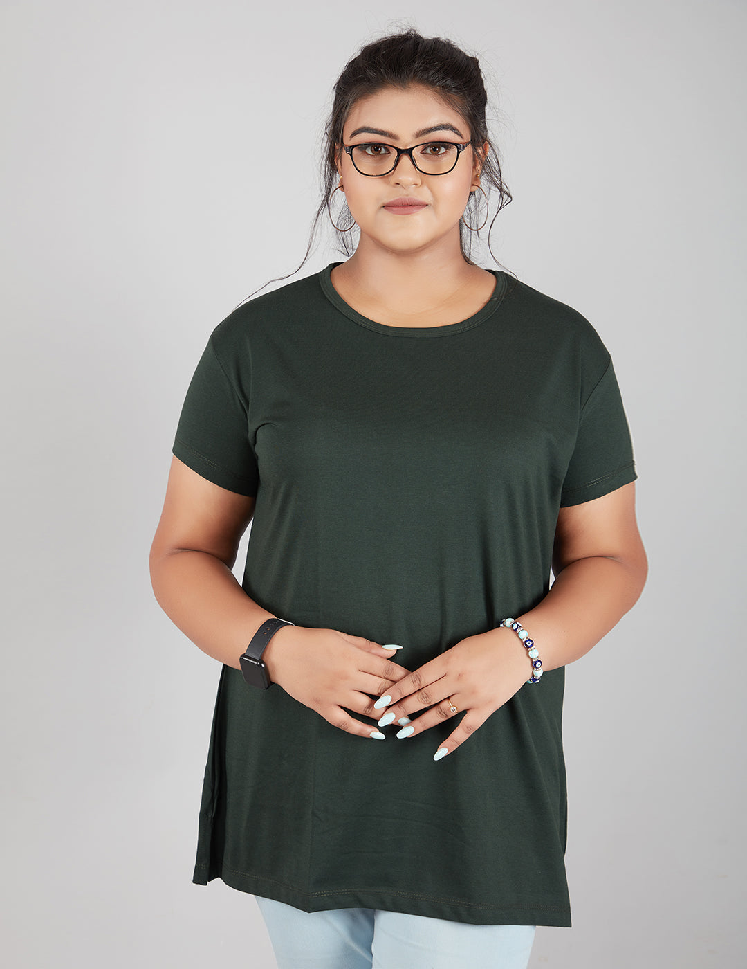 Plus Size Plain Cotton T-Shirt For Women - Bottle Green