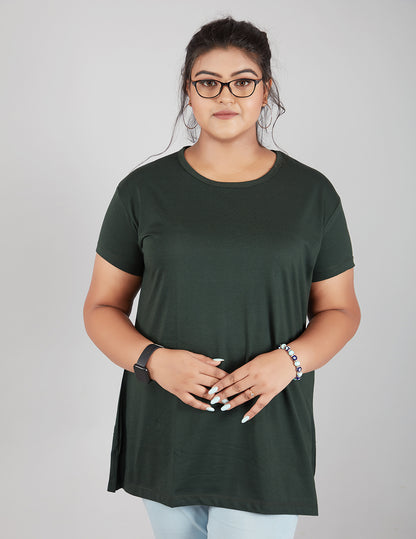 Plus Size Plain Cotton T-Shirt For Women - Bottle Green