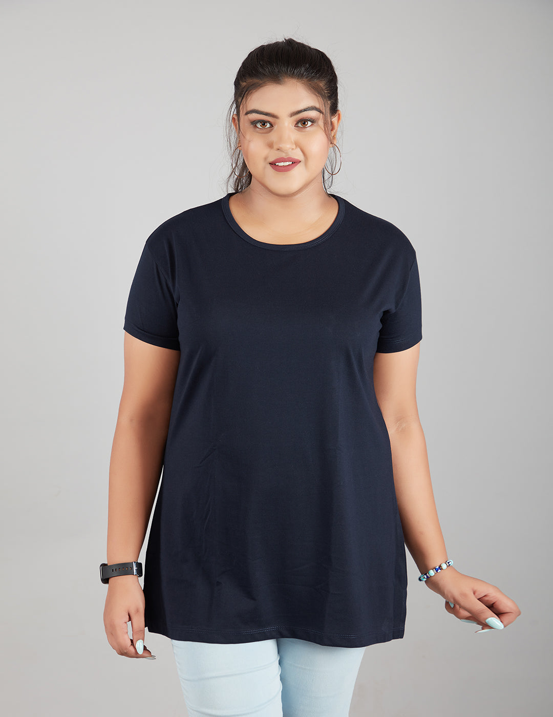 Plus Size Plain Cotton T-Shirt For Women - Navy Blue At Best Prices