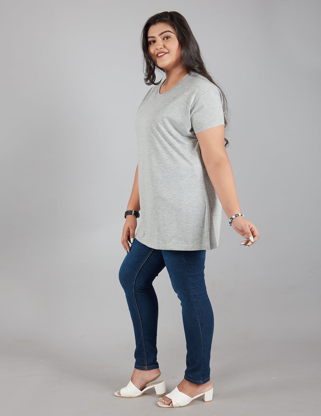 Plus Size Plain Cotton T-Shirt For Women - Grey At Online