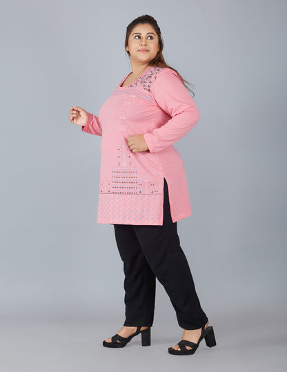 Stylish Pink Plus Size Cotton Long Top For Women (Full Sleeve) Online In India