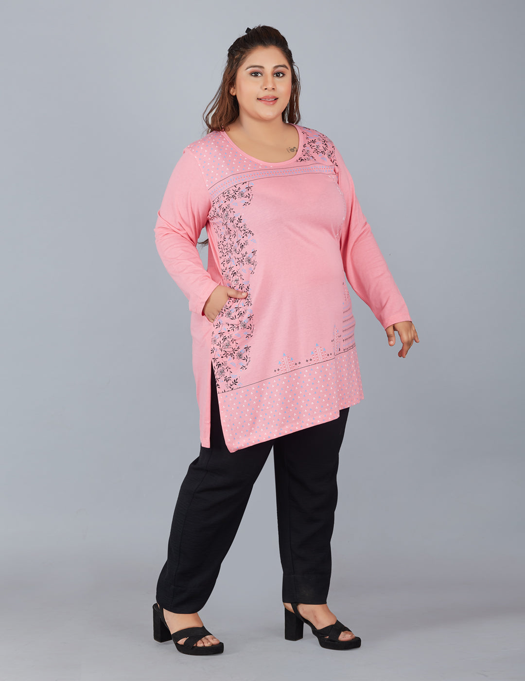 Stylish Pink Plus Size Cotton Long Top For Women (Full Sleeve) Online In India