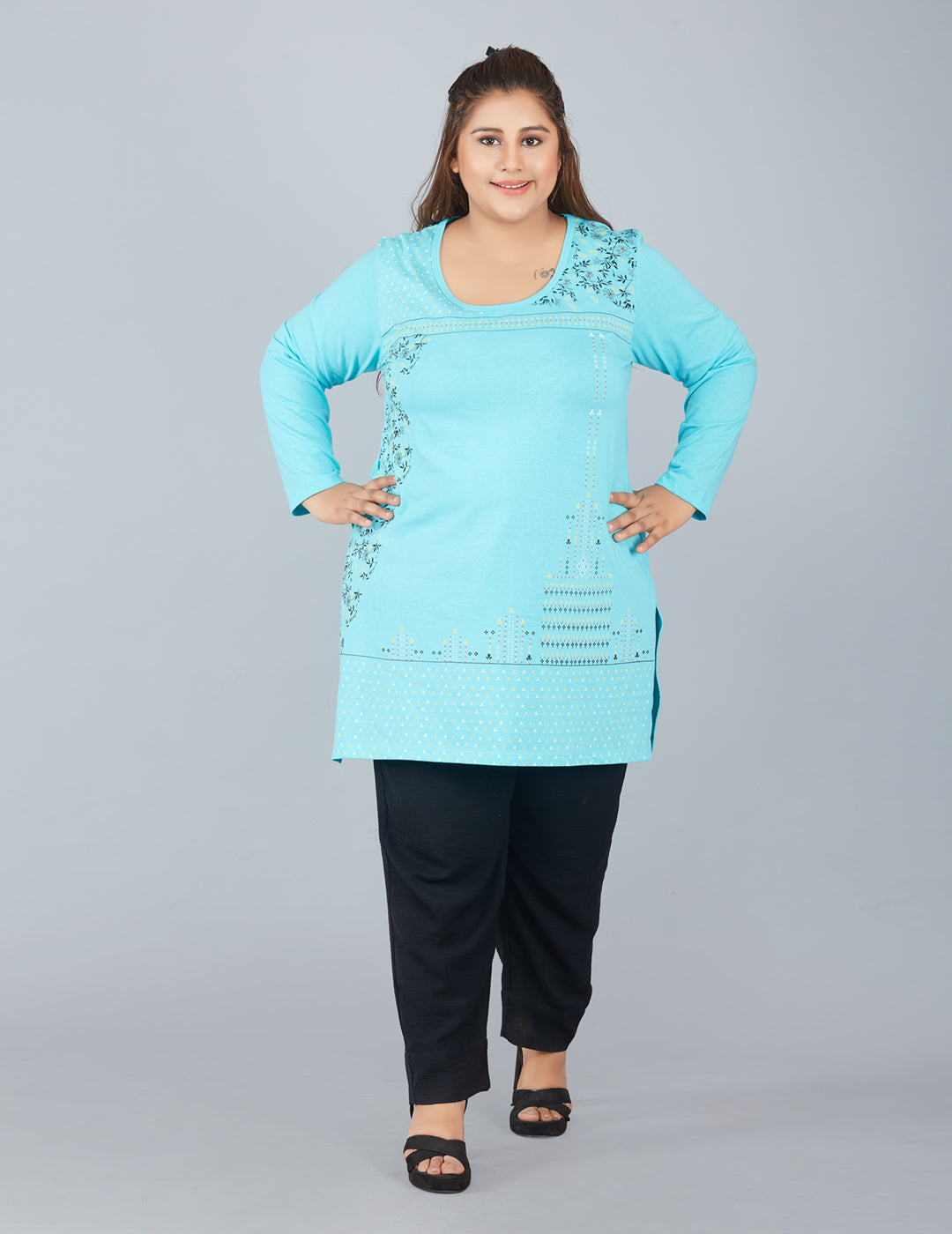 Plus Size Long T-shirts For Women - Half Sleeve - Turquoise
