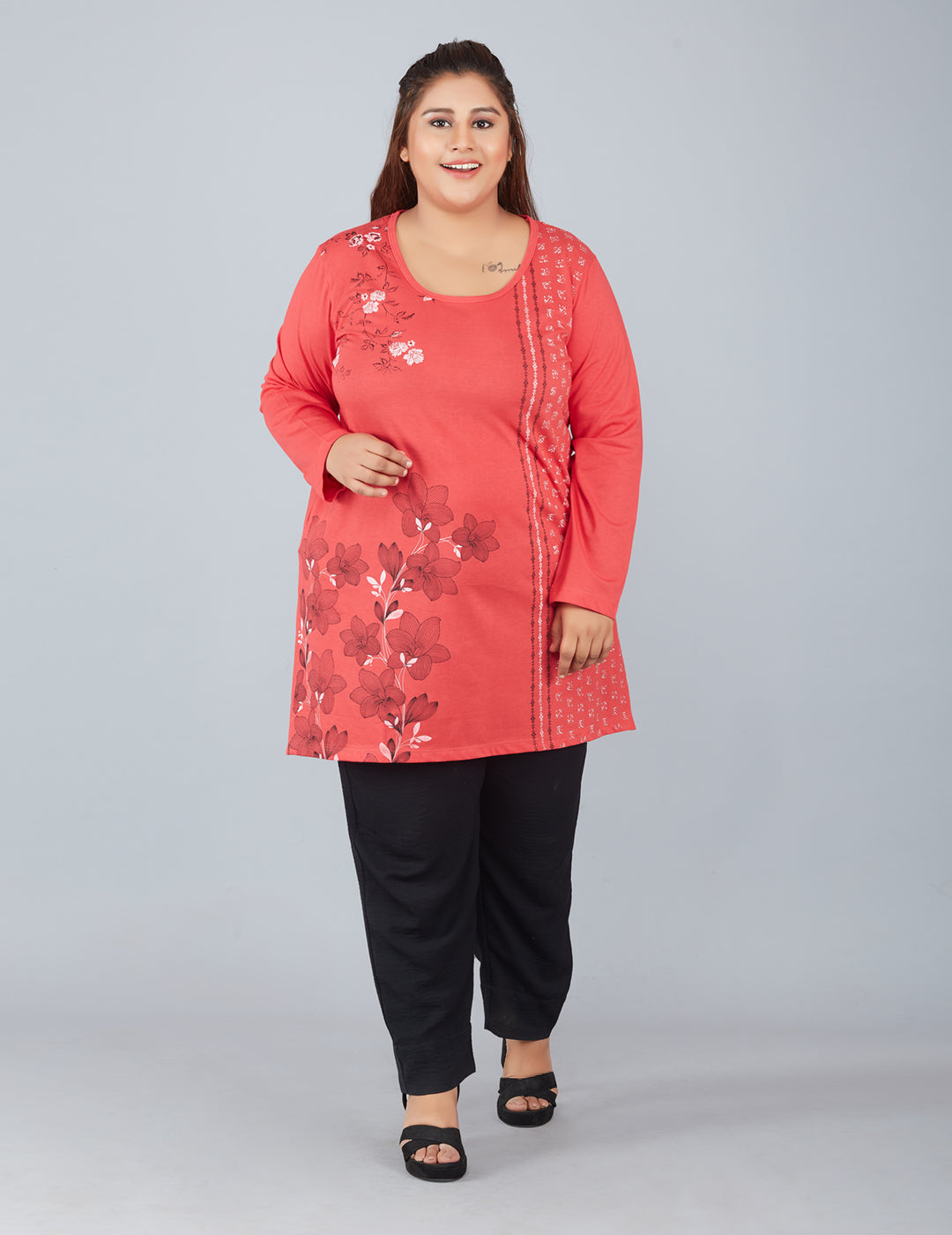 Cotton Long Top for Women Plus Size - Full Sleeve - Red