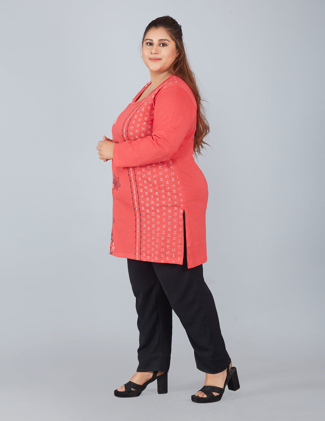 Cotton Long Top for Women Plus Size - Full Sleeve - Red