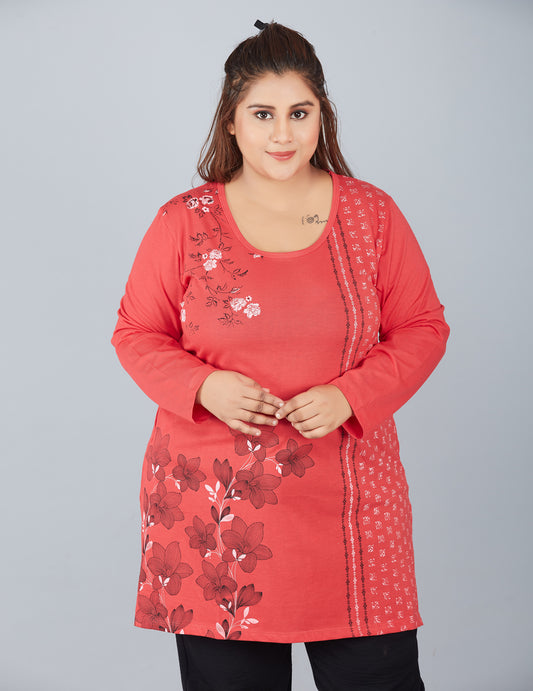 Cotton Long Top for Women Plus Size - Full Sleeve - Red